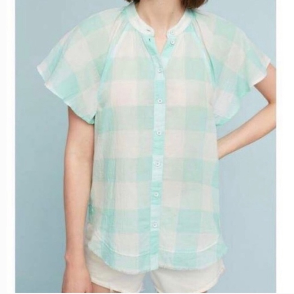Anthropologie Maeve Mint Green Gingham Top
